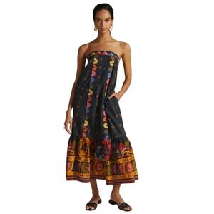 Farm Rio Black Embroidered Strapless Midi Dress Womens XS